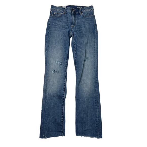 GAP Resolution Slim Straight Jeans Distressed Raw Hem Denim Stretch Womens 25R - Picture 1 of 8